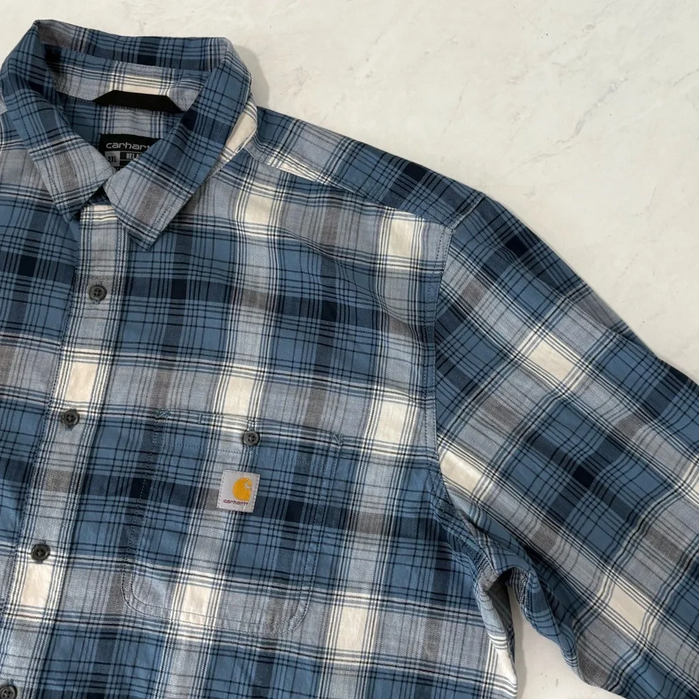 Carhartt Men’s 2XL Blue Plaid Relaxed Fit Button Up Shirt Workwear Utility - Picture 3 of 7